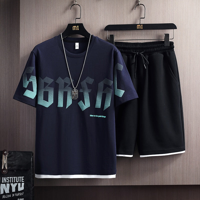 Summer New Mens Set Hip Hop Fashion Tracksuit T-shirt and Shorts Two Piece Set Men Harajuku Streetwear Casual Outfit Set