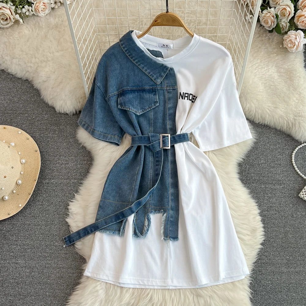 Elegant Summer Women Patchwork Denim Shirts Vintage Casual Slim Blouses Tops with Belted Female Fashion Pullover Clothes New