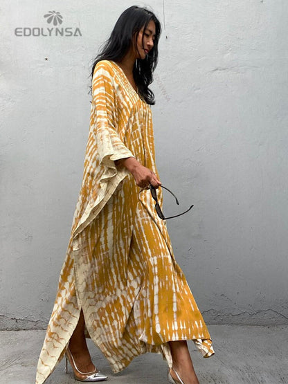 Bohemian Printed V-neck Batwing Sleeve Side Split Loose Dress For Women Clothes Plus Size Beachwear Maxi Dresses Q1218