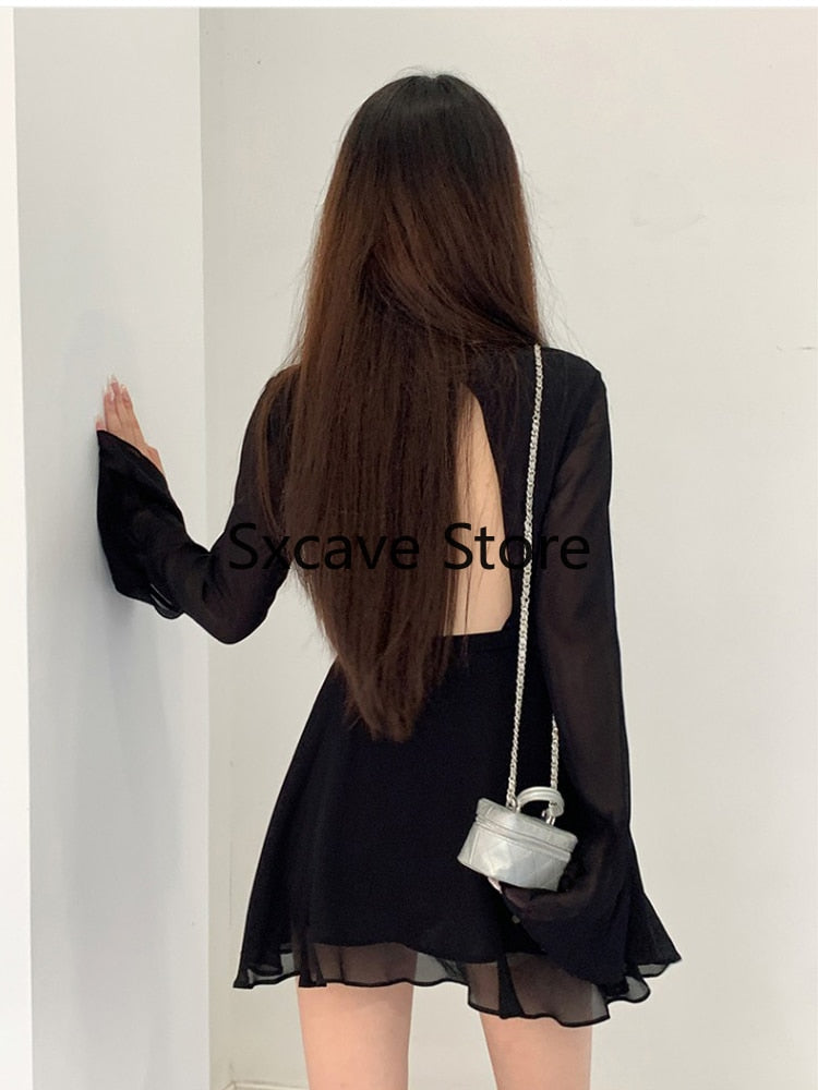 Bodycon Black Y2k Mini Dress Women Elegant Slim Sexy Even Party Dress Office Lady Backless Dress Korean Fashion 2023 Autumn Chic