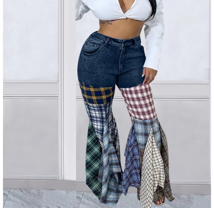 Women Jeans 2024 Summer Fashion Spliced Houndstooth Denim Ruffle Edge Flared High Waist Jeans Pants Female Trousers Streetwear