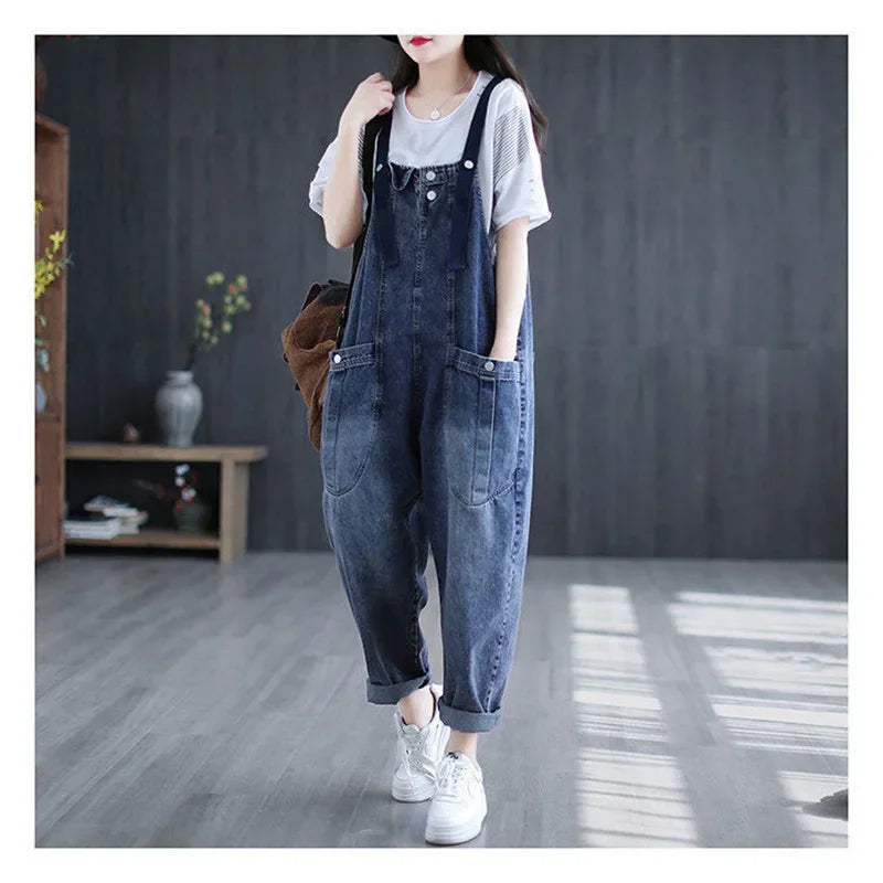 Jumpsuit Women Jeans Rompers New Retro Big Pocket Loose Denim Overalls Fashion Large Size Wide-leg Pants Drop Shipping