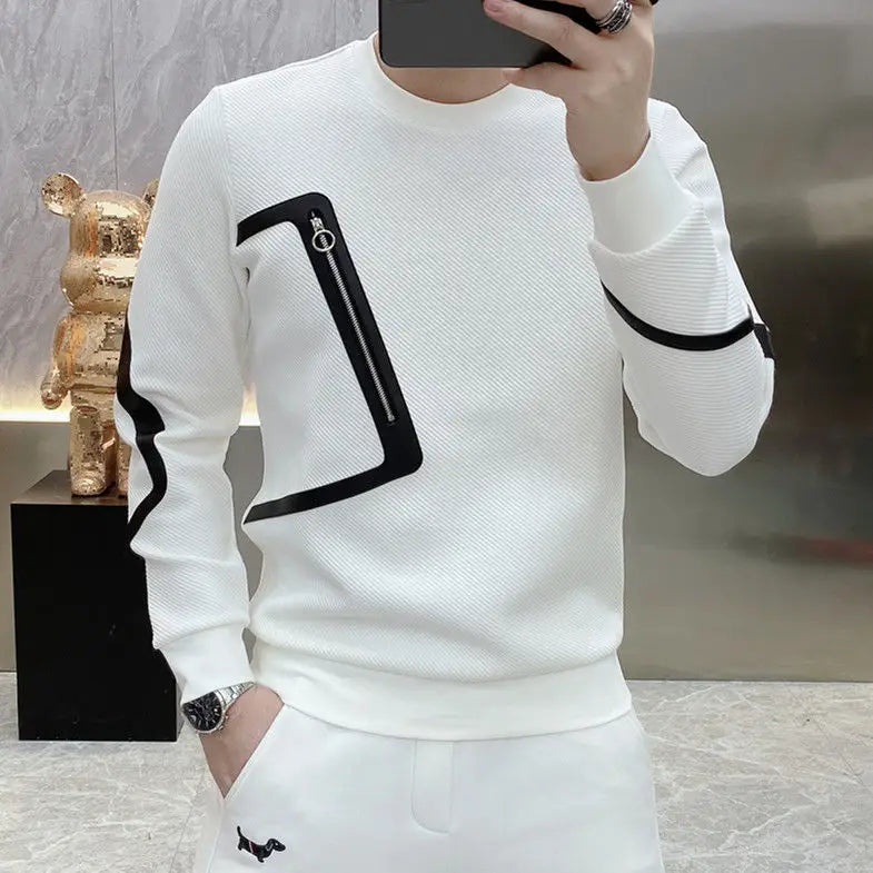 Men's Fashion Trend Zipper Patchwork Contrast Color T-shirt Spring Autumn Casual Loose Long Sleeve Pullovers Tops Male Clothes