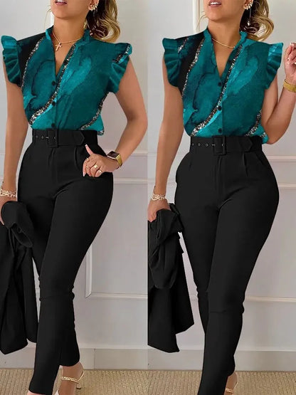 Spring Summer Women's New Printed Lotus Leaf Sleeveless Shirt Suit Elegant Slim Femal Office  Long Pants Belt Two Piece Set