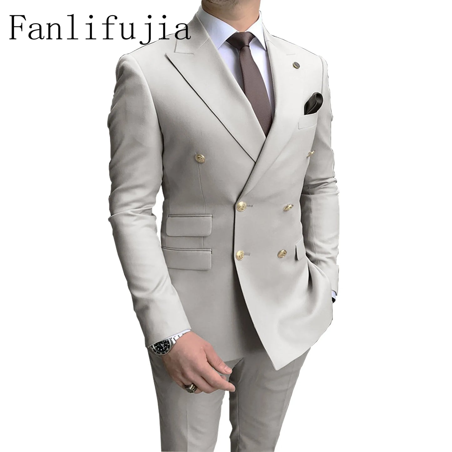 Fanlifujia Store  Casual Sky Blue Men Suits Double Brested Peak Lapel  Gold Button Groom Wedding Tuxedos Best Costume Homme
