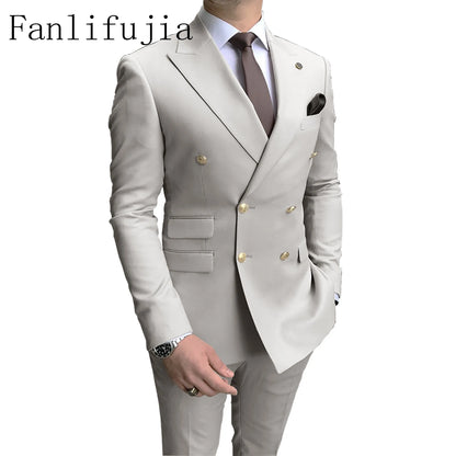 Fanlifujia Store  Casual Sky Blue Men Suits Double Brested Peak Lapel  Gold Button Groom Wedding Tuxedos Best Costume Homme