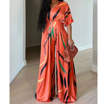Jumpsuit for Women Fashion  Spring New Print Half Sleeve V-Neck Wide Leg Loose Casual Temperament Jumpsuits Casual Overalls