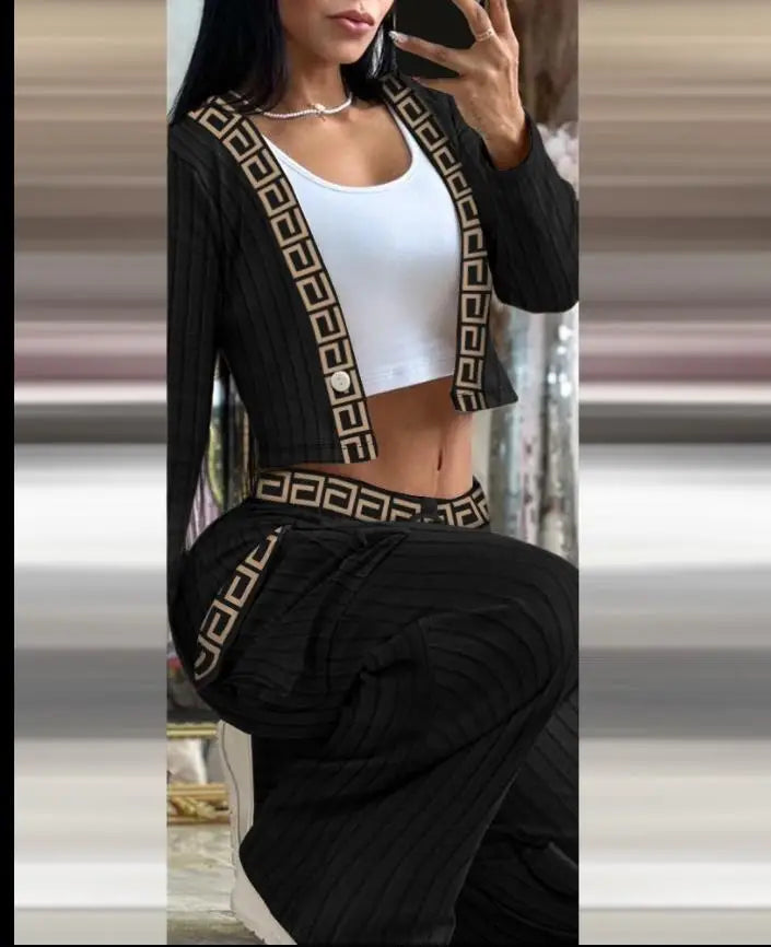 Women's Spring Summer New Fashionable Solid Color Printed Sexy Waist Short Top Casual Pants Set For Women