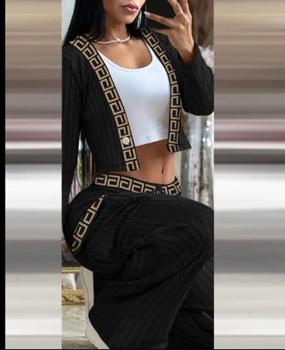 Women's Spring Summer New Fashionable Solid Color Printed Sexy Waist Short Top Casual Pants Set For Women