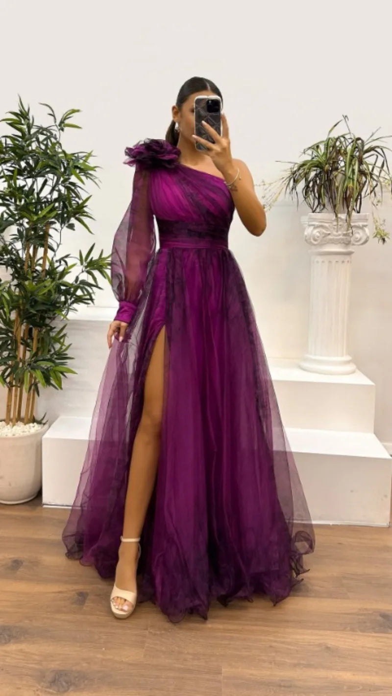 2025 Women Evening Dress Off Shoulder Pleated Long Lantern Sleeve Split Hem Maxi Dress Rhinestone Decor High Waist Party Dresses
