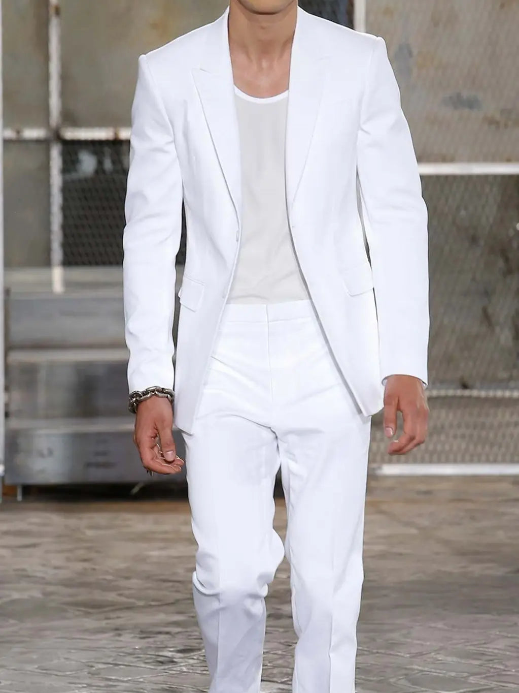 Summer Long Jacket White Trousers Groom Tuxedos Wedding Suits for Men Peaked Lapel Man Blazers 2 Pieces Coat Pants Prom