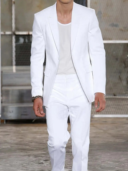 Summer Long Jacket White Trousers Groom Tuxedos Wedding Suits for Men Peaked Lapel Man Blazers 2 Pieces Coat Pants Prom