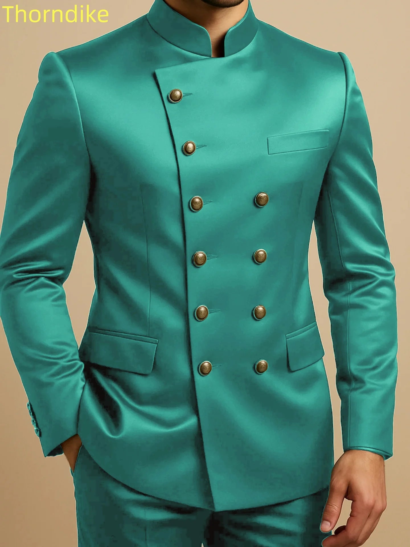 Thorndike Affrica Style Casual Stand Collar Satin Double Breasted Jacket Pants Business Men Suit Elegant Groom Wedding Suits