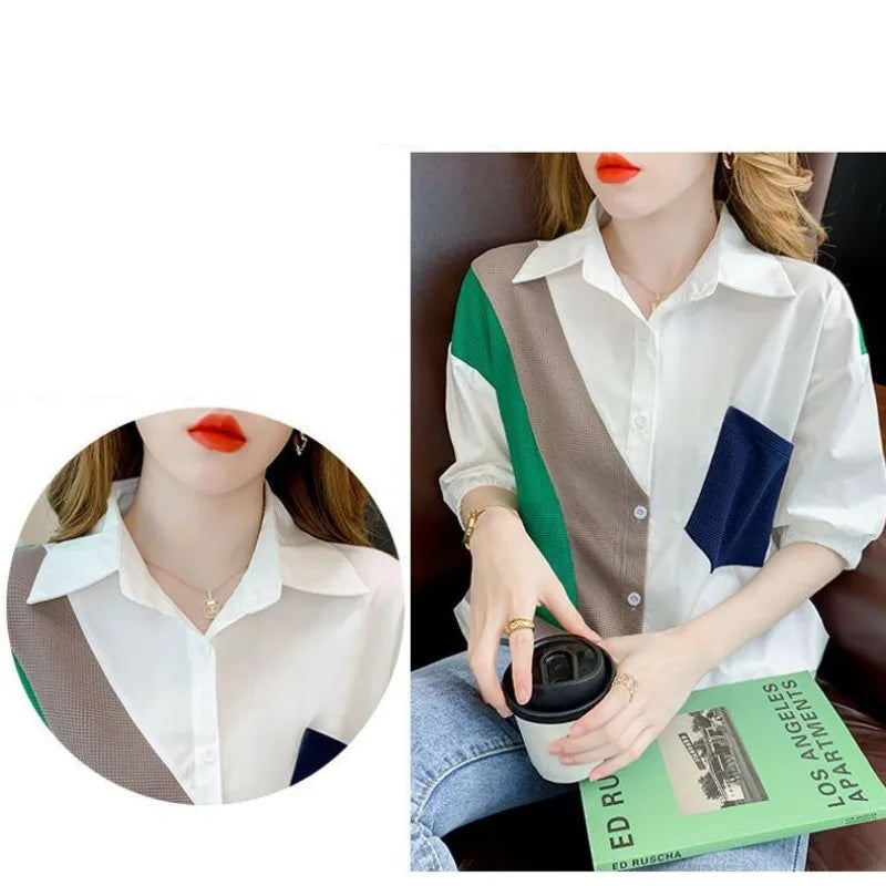 Women's Spring Autumnturn-down Collar Button Solid Patchwork Pockets Long Sleeve Cardigan Shirt Coats Casual Elegant Tops