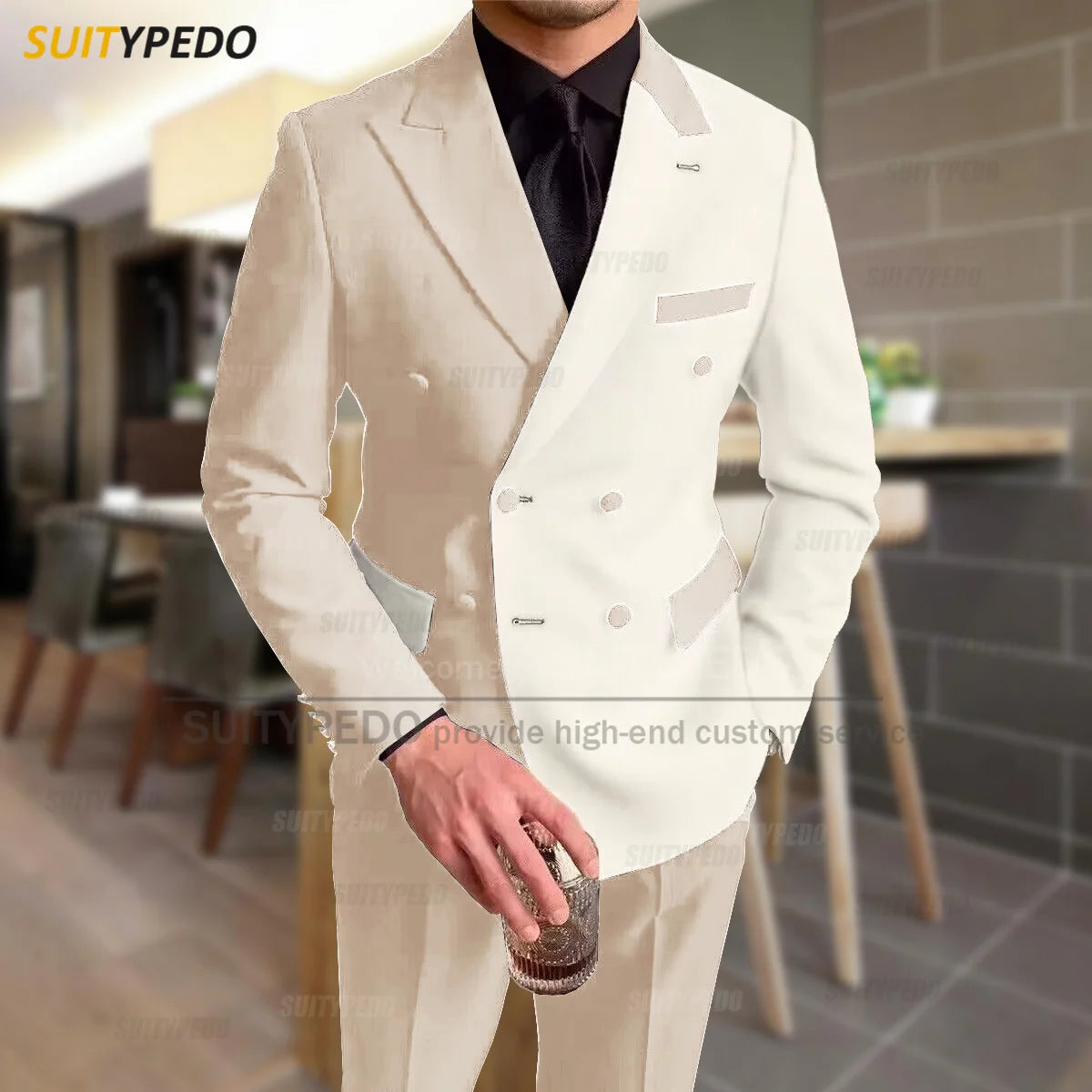 Fashion Black Ivory Splicing Men Suit Casual Party Classic Double Breasted Jacket Evening Dinner Elegant Blazer Pants Outfits