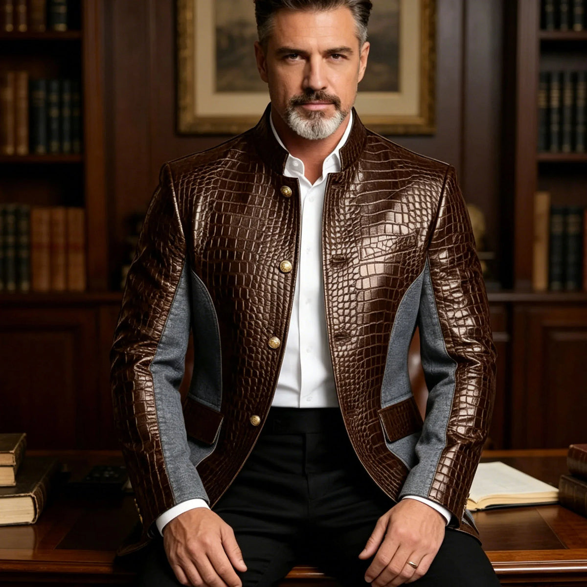 Men's crocodile embossed leather blazer seated office study look