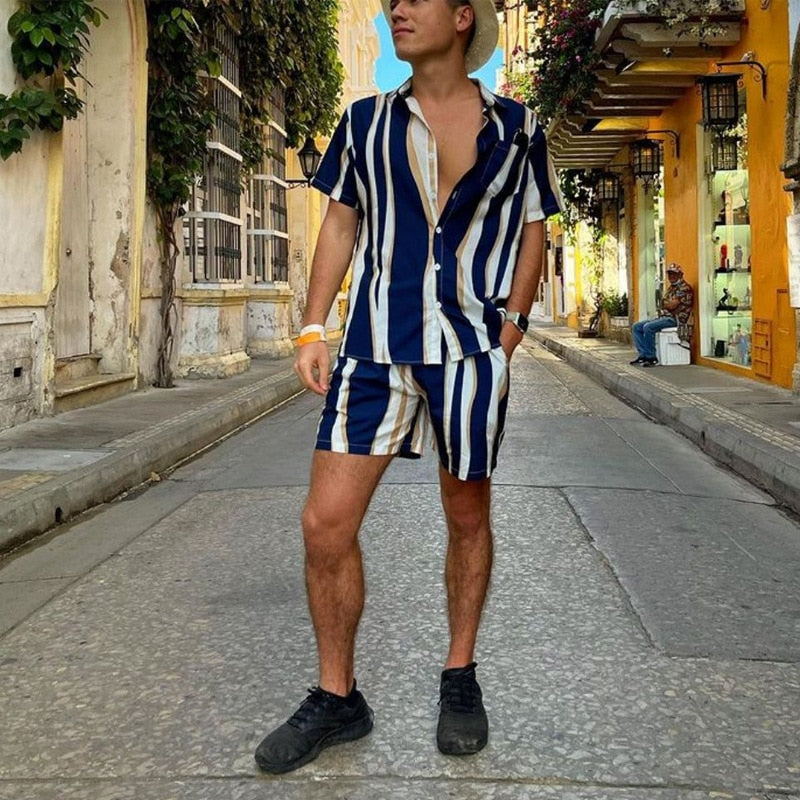 2023 Summer Men Hawaiian Sets Streetwear Short Sleeve Lapel Shirt + Shorts Male Wave Striped Beach Two Piece Set Mens Clothes