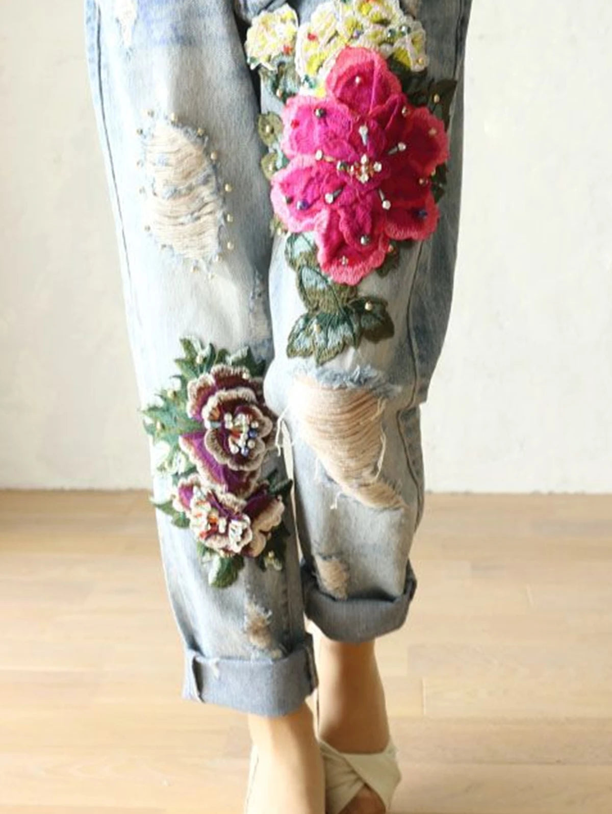 Fashion Jeans For Women Summer Casual Floral Embroidery Denim Trousers Ladies Elegant New Females Loose Harem Pants