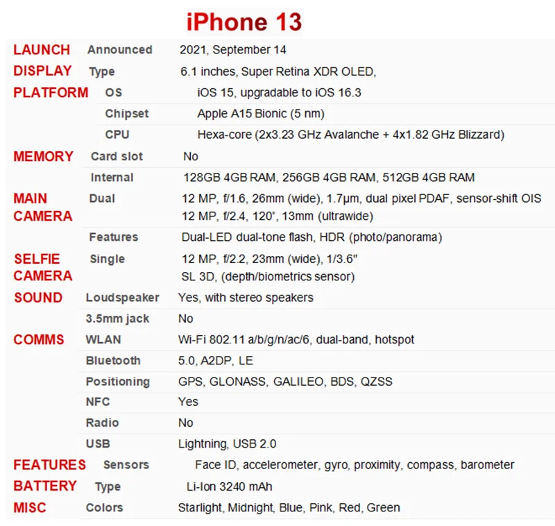 Original Apple iPhone 13 6.1" Genuine Super Retina OLED 128/256/512GB ROM Face ID NFC A15 IOS iPhone13 5G 99% New Mobile Phone