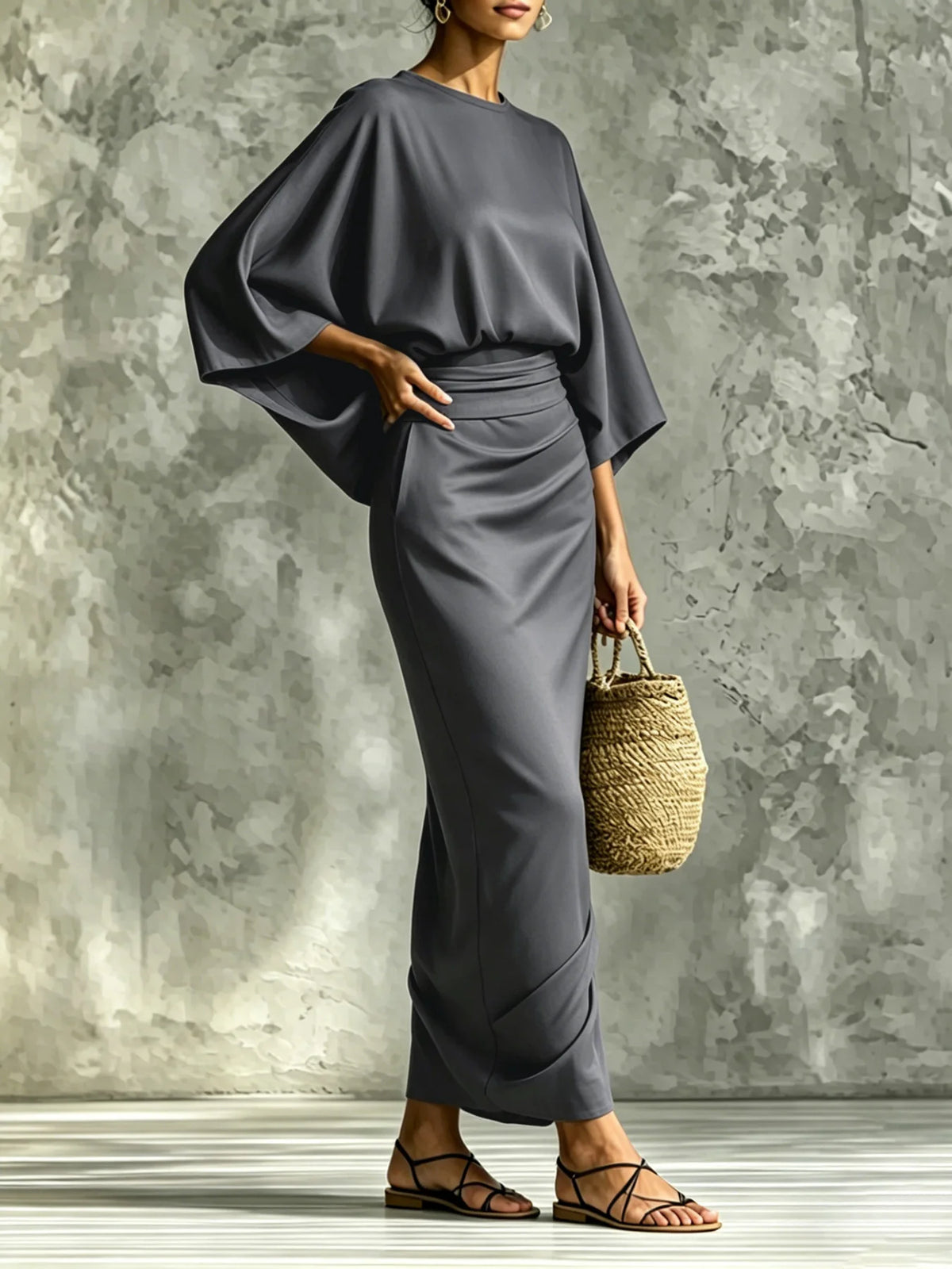 Two-Piece Woman High-Waist Chic Dress Set,  Round Neck Three-Quarter Sleeve Short Top and Skirt Set