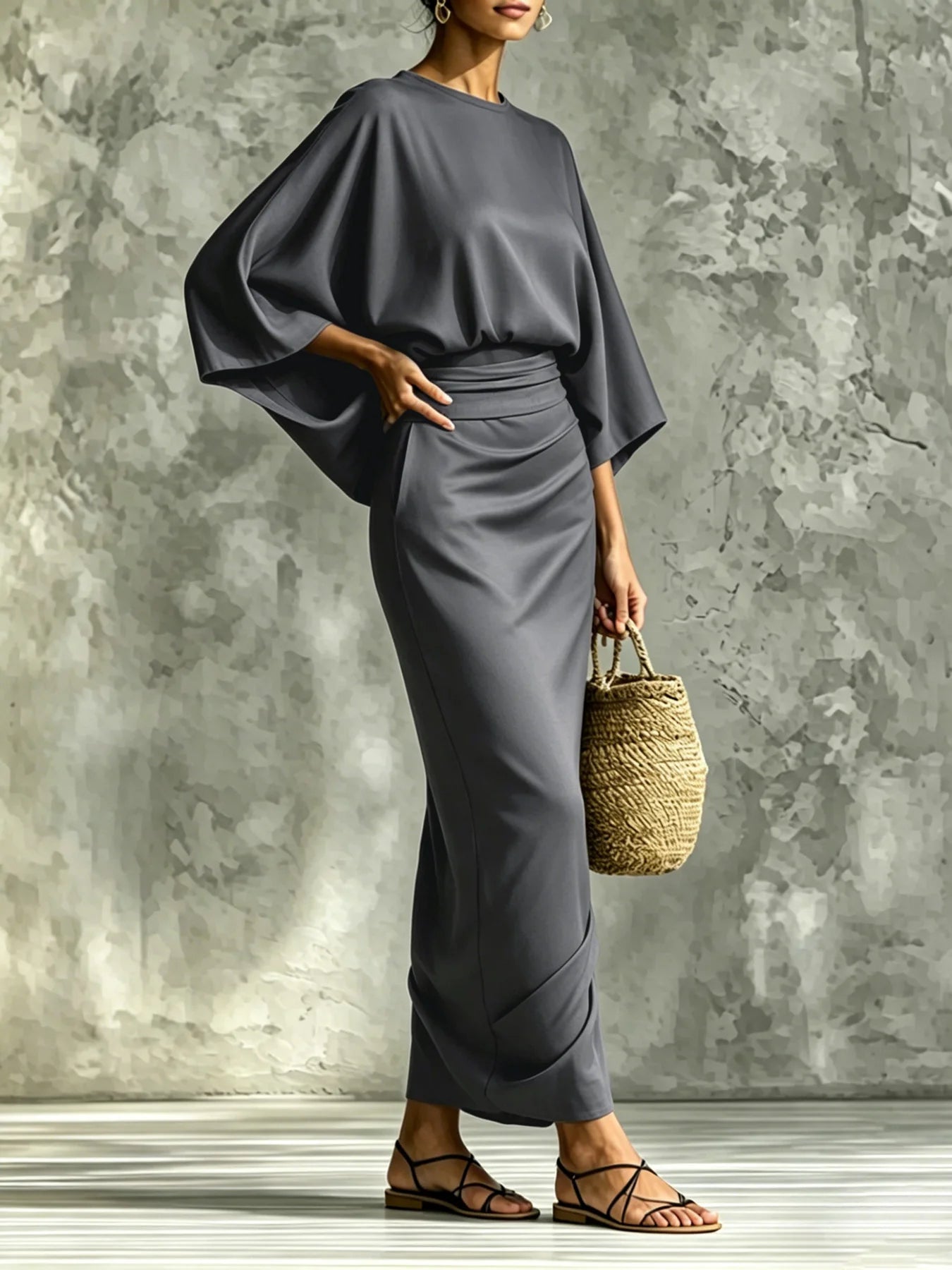 Two-Piece Woman High-Waist Chic Dress Set,  Round Neck Three-Quarter Sleeve Short Top and Skirt Set