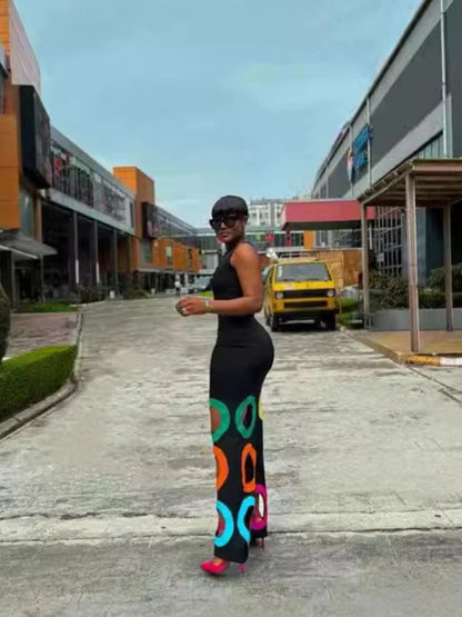 Women Hollow Out Tank Dress Colorful Circle Slim Round Neck Elegant Casual High Street Bodycon Long Dress for Women