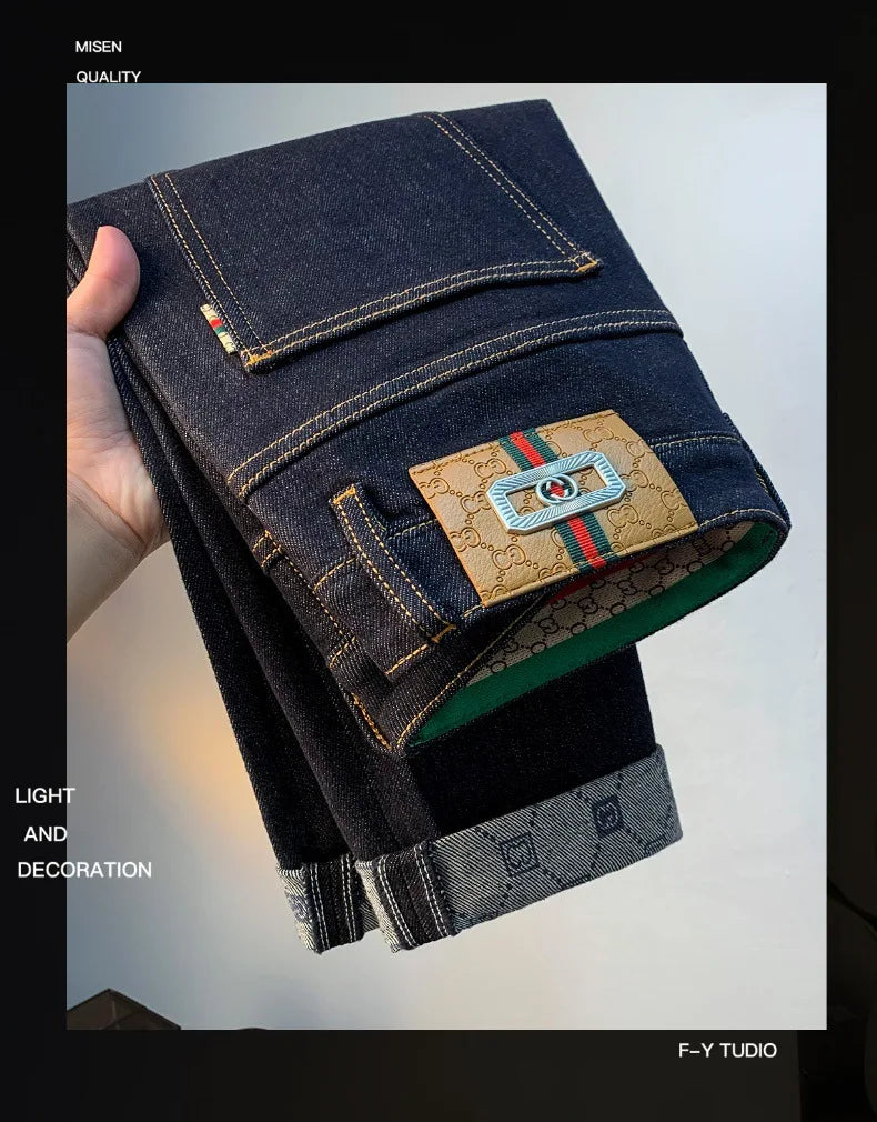 High end light luxury men jeans autumn new item dark blue fashion printed casual straight slim fit cotton washed denim pants