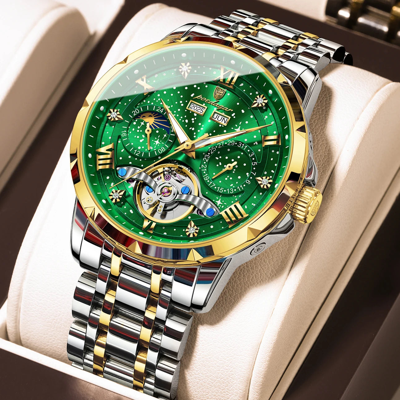 POEDAGARTopOriginal Men Clock Automatic MechanicalStainless Steel Men's Watches Calendar Hollow Tourbillon Man Watch Male+Box