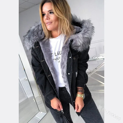 Autumn Women Fashion Denim Coats Retro Big Fur Collar Denim Jacket Temperament Hole Distressed Stitching Jackets Coat