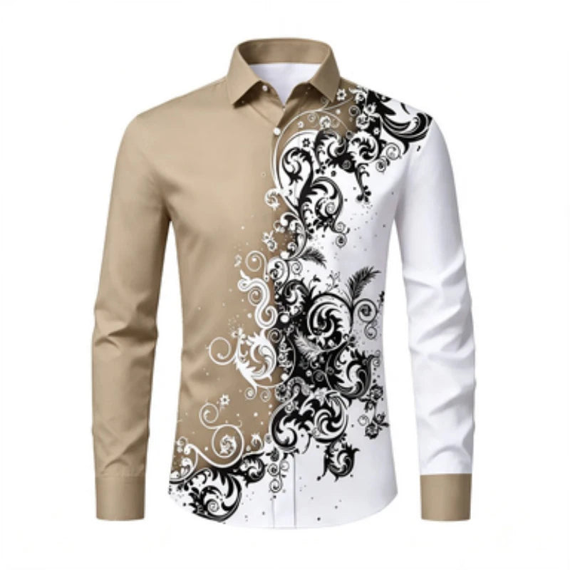 Men's long sleeved shirt, European and American men's printed long sleeved shirt, collared European patterned shirt, trendy casu
