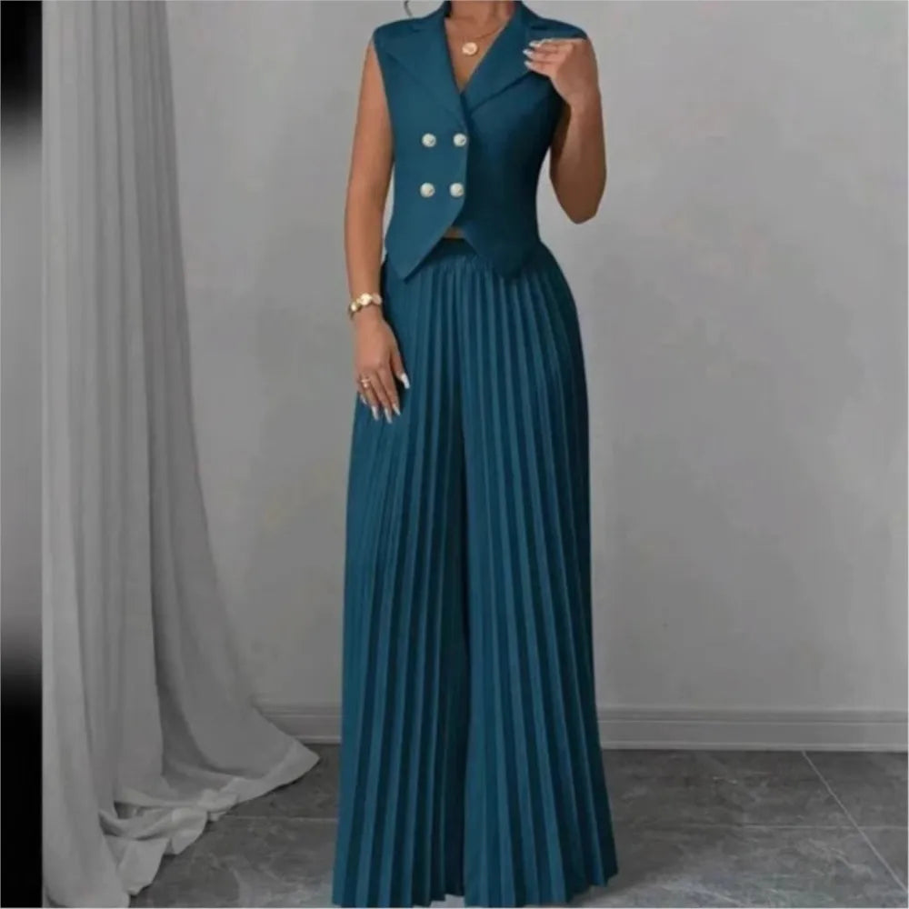 Summer Women's Fashionable Casual Lapel Suit Elegant Commuting Solid Color Sleeveless Top + Trousers Sexy Two-piece Set