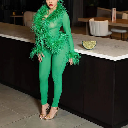 CM.YAYA Fashion Mesh See Though Women's Set Feather Side Long Sleeve Crop Top and Legging Pants  Sexy Two 2Piece Sets Outfit