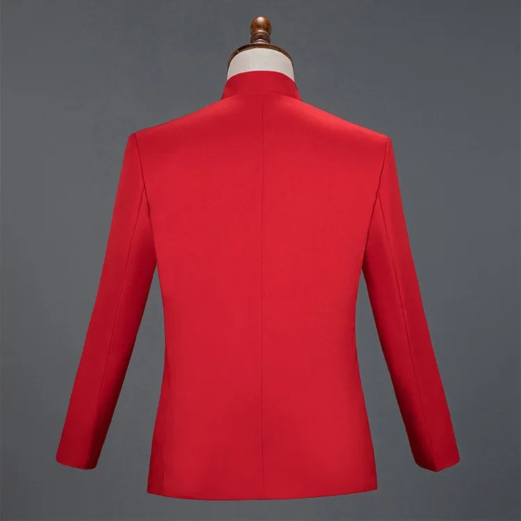 Neuer Herren Stehkragen Bestickter Anzug 2-teilig Schwarz / Weiß / Rot Mode Herren Bühne Party Perform Blazer und Hose