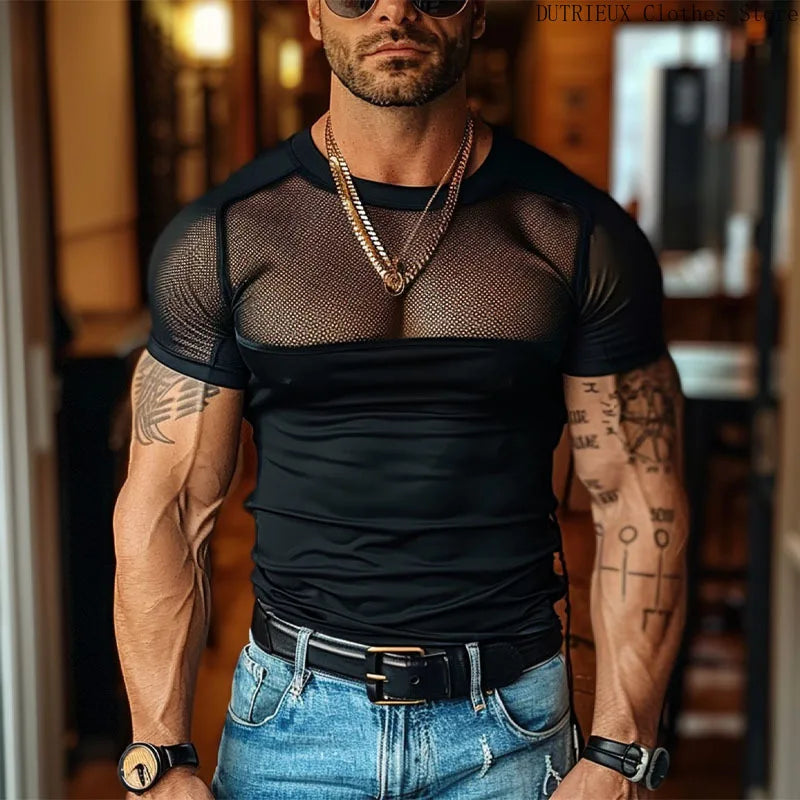 Men's Leather Stitching Net Shirt Motorcycle Leather Vest Top Sexy See-through Hooded Vest Muscular Men Fitness Vest Tank Top Me