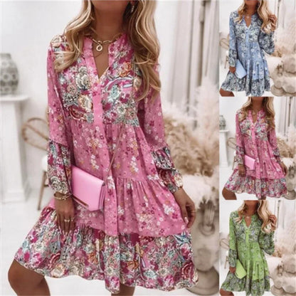 Casual Floral Print Dresses For Women  Sping Summer Boho V Neck Loose A Line Dress Elegant Beach Party Dress Robe Femme