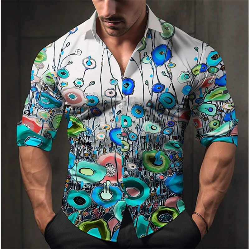 men's T-shirt suit button shirt half splicing trend new geometric flower clear pattern soft and comfortable shirt clothing