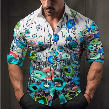men's T-shirt suit button shirt half splicing trend new geometric flower clear pattern soft and comfortable shirt clothing