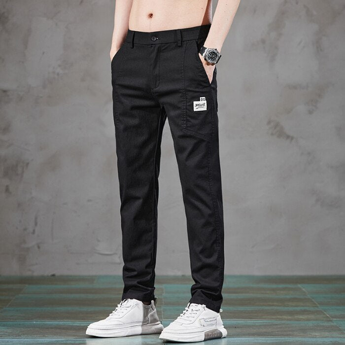 Spring Summer Elastic Waist Design Men&#39;s Thin Casual Pants Korean Fashion Cotton Stretch Business Trousers Male Grey Blue