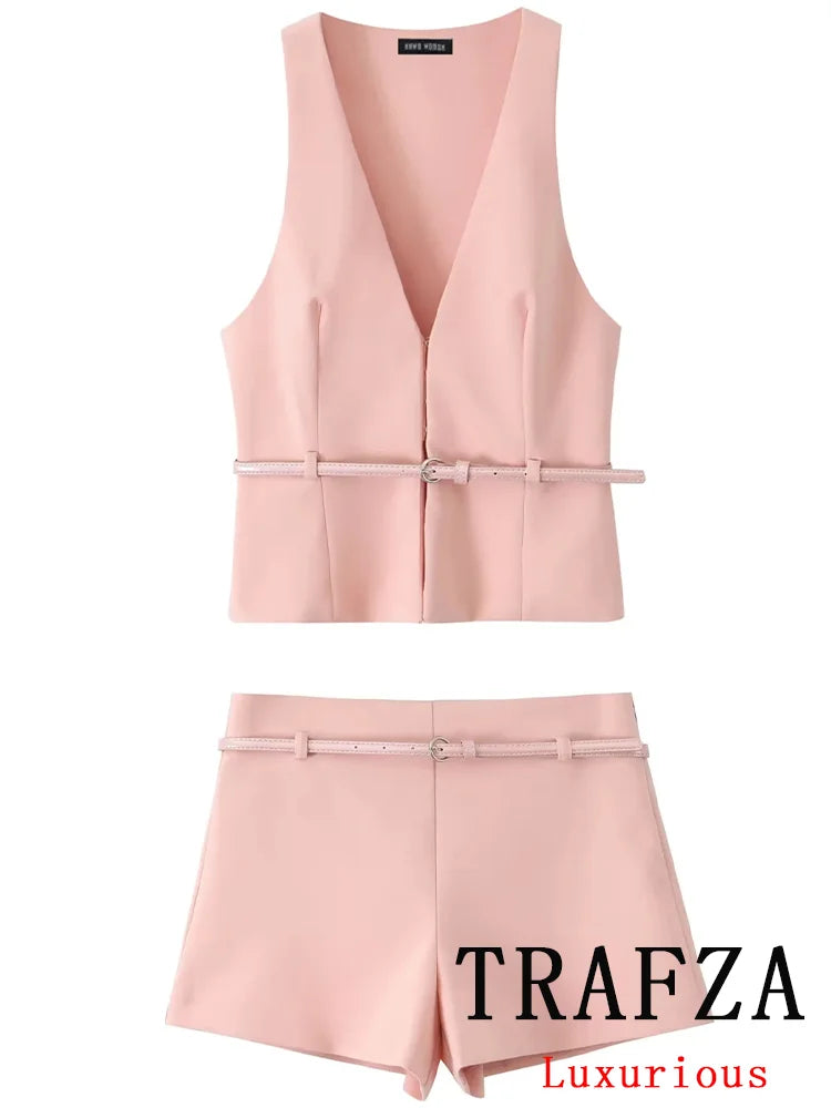 TRAFZA Vintage Chic Solid Women Suit V Neck Sleeveless Sashes Vest Blazer Straight Shorts New Fashion  Summer Office Sets