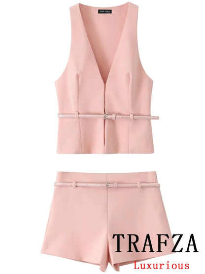 TRAFZA Vintage Chic Solid Women Suit V Neck Sleeveless Sashes Vest Blazer Straight Shorts New Fashion  Summer Office Sets