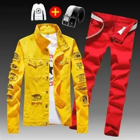 Frühling Herbst Herren Jeansjacke + Jeanshosen Set Mode Einreiher Mantel Hose Zweiteiliger Denim-Anzug