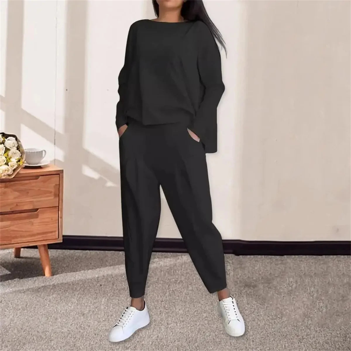 Two Piece Set For Women Long Sleeve O Neck Tops Elastic Waist Pants Suit Solid Fashion Casual Sportswear 2024 Autumn Pant Sets