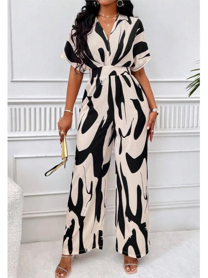Women Wide Leg Jumpsuit Spring Summer Fashion V Neck Short Sleeve High Waist Full Body Printed Jumpsuits Casual One Pieces