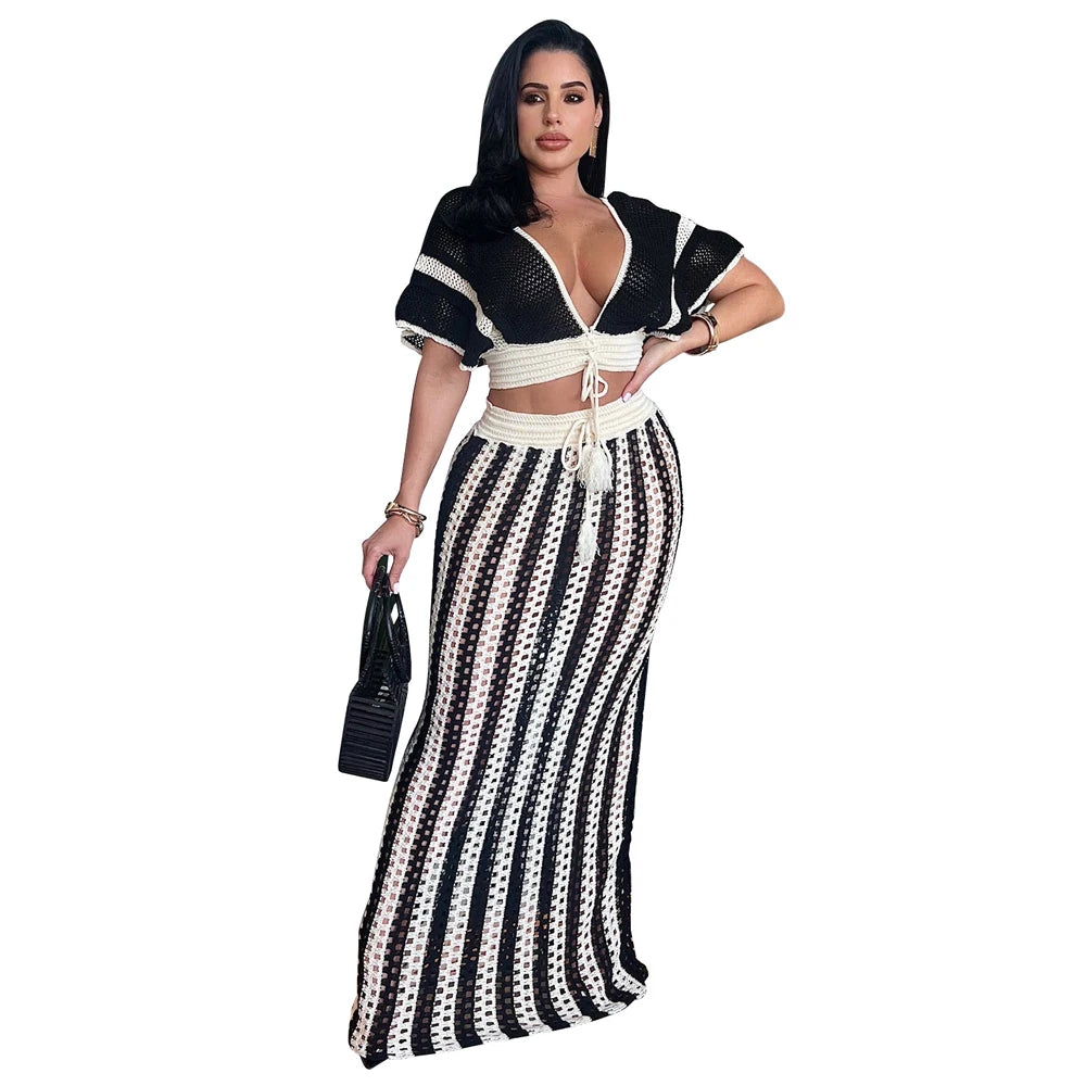 Summer 2 Pieces Women Sets Streetwear Beach Elegant Knitted Sexy V-Neck Hollow Striped Short Sleeve Top Two Piece Maxi Skirt Set