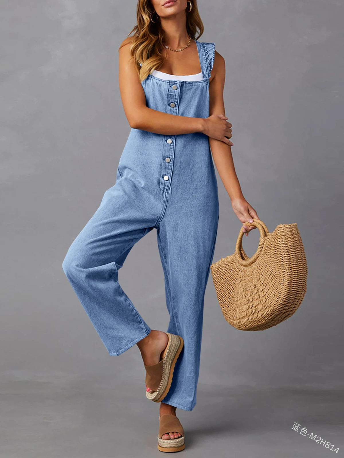 Women's Straight Leg Denim Jumpsuits Ruffle Sleeve Button Down High Waist Straight Leg Jeans Long Denim Rompers With Pockets