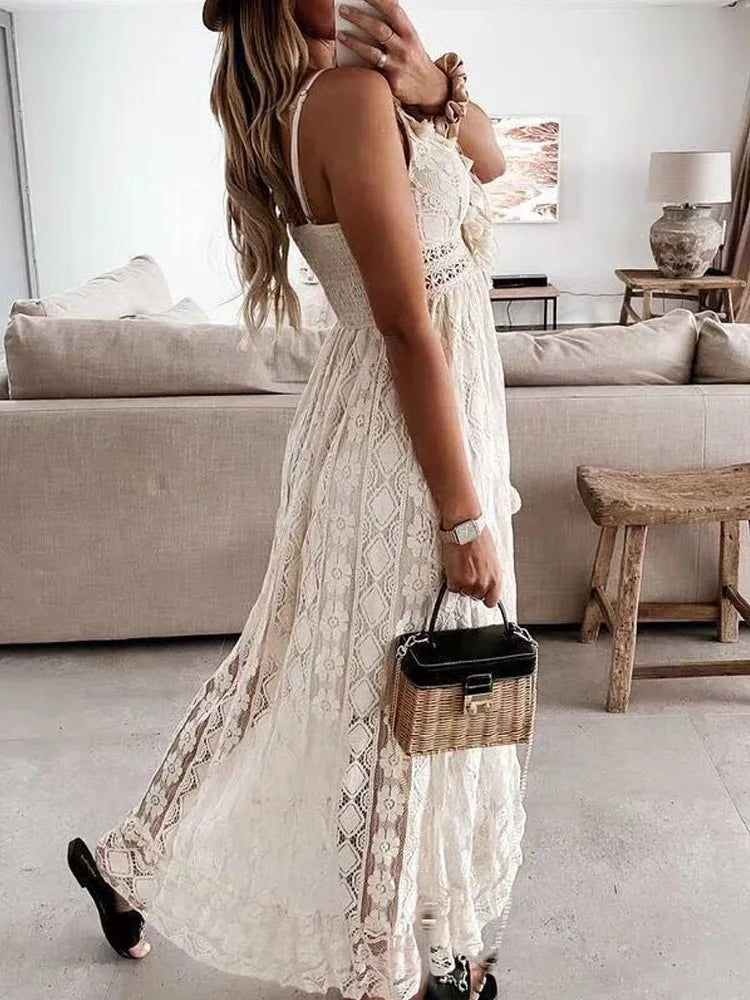 Elegant Lady Summer Lace Dress Holiday  V Neck Spaghetti Strap Sundress Boho White Maxi Dress for Women Vestidos De Mujer 22194