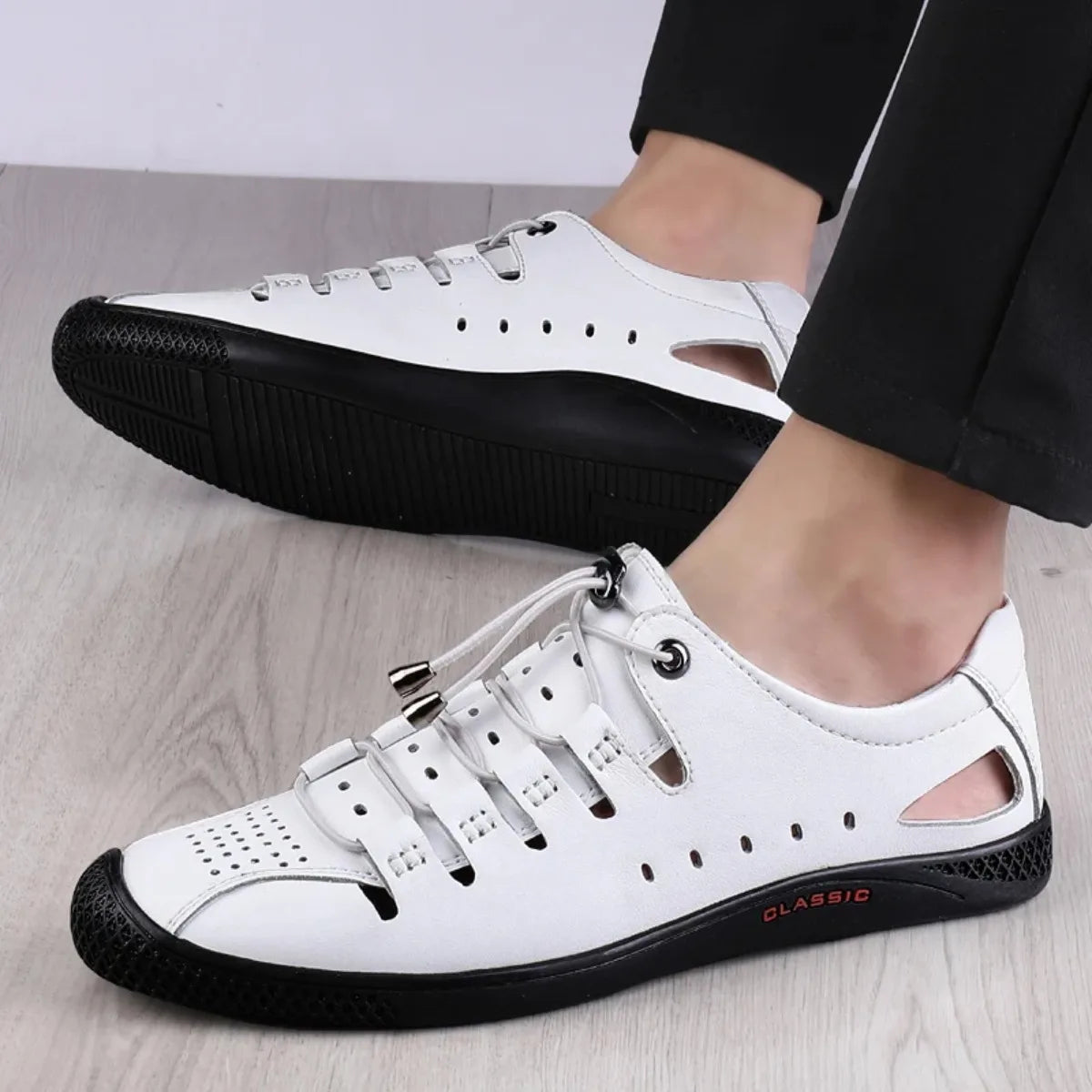 Genuine Leather Summer White Lace Up Hollow Sandals Roman Style Designer Shoes Luxury Brand Breathable Beach Men Shoes Mocassins
