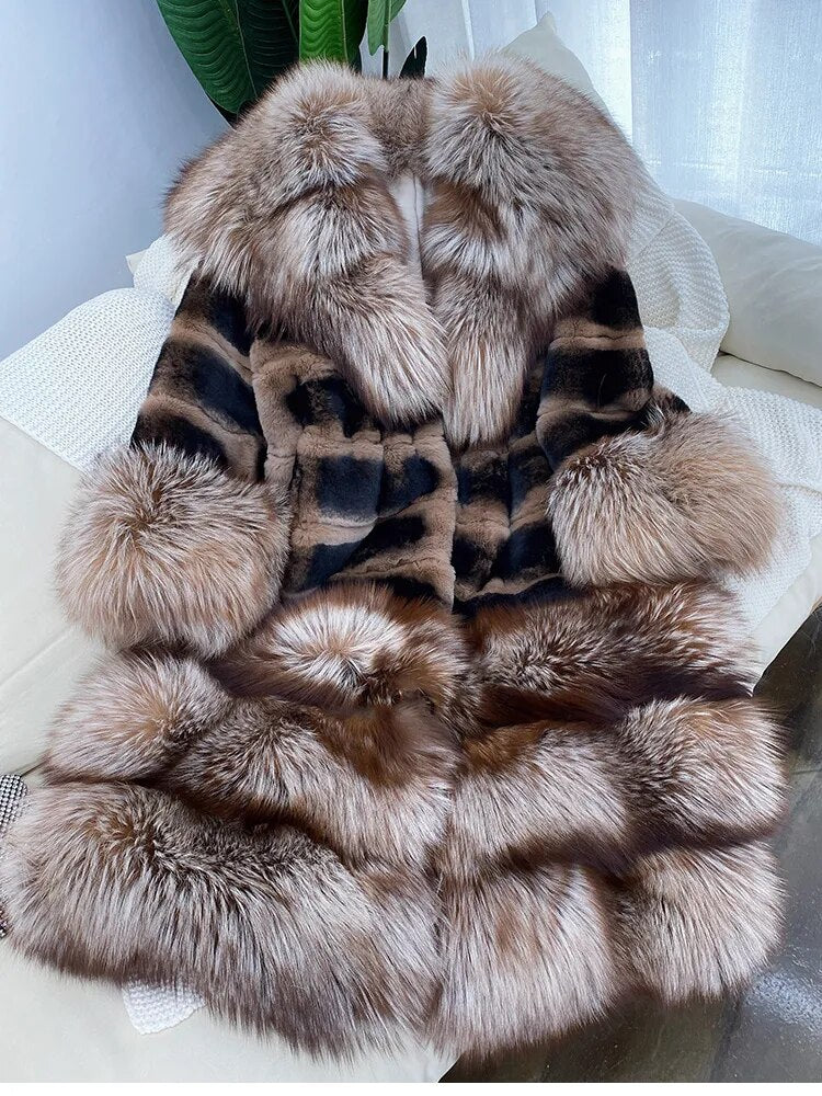 Luxury Oversized Crystal Fox Fur Collar Whole Fur Rex Rabbit Fur Long Fur Coat Loose Coat Autumn And Winter New Style