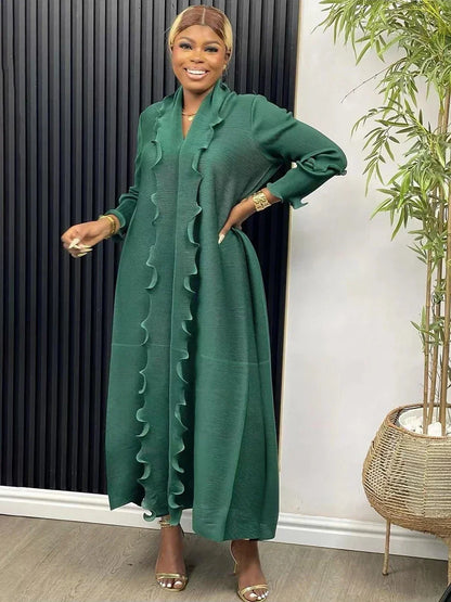 EGRM Miyake Pleated Maxi Long Dress Solid Ruffles Full Sleeve with Belt Formal Dresses for Women  Summer New Hot Sales 8R295