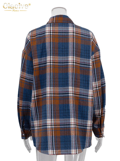 Clacive Fashion Loose Plaid Women'S Blouse  Elegant Lapel Long Sleeve Office Shirts And Blouses Vintage Oversize Top Female